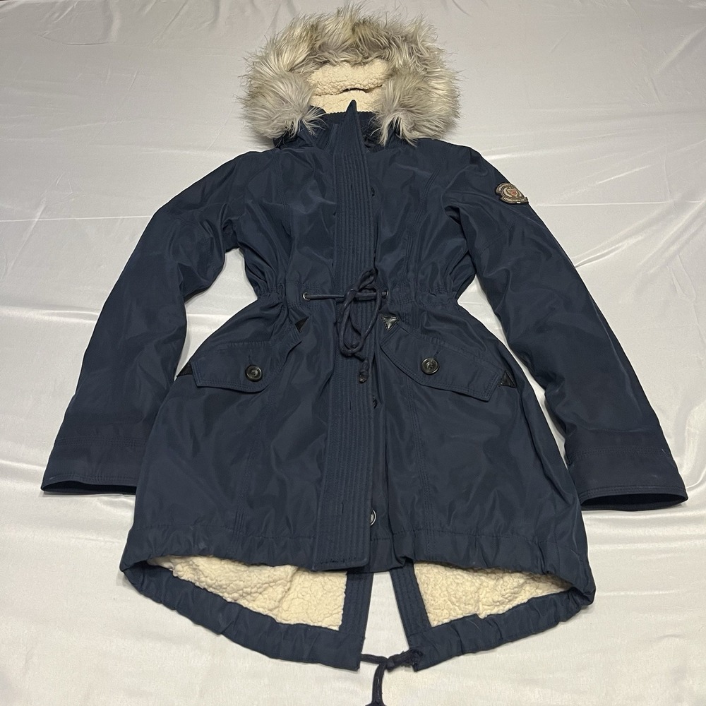 Y2K Abercrombie & Fitch Parka Jacket Womens M Navy Sherpa Lined Faux Fur Hood